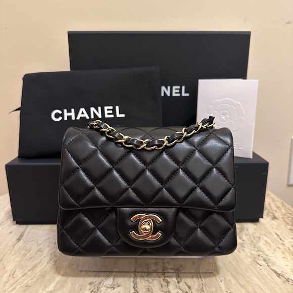 CHANEL Handbags - CHANEL 25S CLASSIC BLACK MINI SQUARE FLAP  BAG IN LAMBSKIN FULL SET